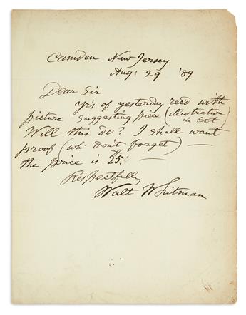 WHITMAN, WALT. Autograph Letter Signed, to the Editor of Harpers New Monthly Magazine (Dear Sir),